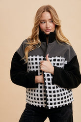 Annie Wear Plaid Zip Up Drop Shoulder Sherpa Jacket Ivory Black OutfitFlow